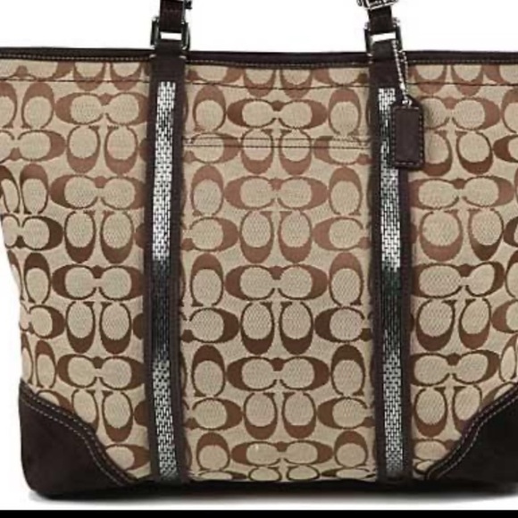 Coach Signature C Khaki Tote Jacquard Beaded Brown Suede Shoulder Bag #8K53 - Picture 13 of 16